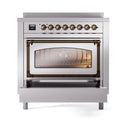 Stainless steel induction range with triple glass oven door and bronze trim, front view