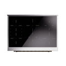 Stainless steel induction range oven door with sleek black window, top view