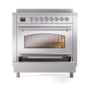 Stainless steel induction range with chrome trim, oven window, and control knobs