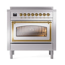 Stainless induction range with glass oven door and brass trim, front view