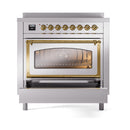 Stainless induction range with triple glass door and brass trim, front view