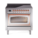 Stainless steel induction range with open triple glass oven door and copper-bar trim