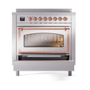 Stainless steel induction range with triple glass oven door and copper trim, front view