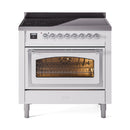 White induction range with lit oven window, chrome knobs, and closed triple-glass door