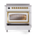 ILVE white induction range showing oven cavity through glass door, brass trim