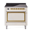Antique white induction range with brass-trimmed oven door and black glass cooktop