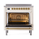 Antique white induction range with brass control knobs and open oven door