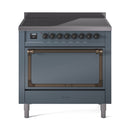 36-inch induction range with solid door, blue-grey finish and bronze trim, front view
