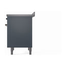 36-inch induction range side panel, blue-grey cabinet with bronze hardware on legs