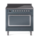 Blue grey induction range front with oven door and row of control knobs