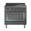 Blue grey 36-inch induction range with brass trim and solid oven door