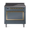 ILVE Nostalgie II Noblesse 36-Inch 3.5 Cu. Ft. Induction Range with 6 Elements and Solid Door in Blue Grey with Brass Trim (UNI366QNMPBGG)