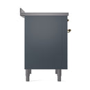Blue grey oven side view with brass corner handles and gray leveling feet
