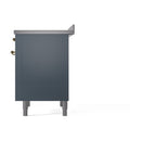 Blue grey oven side panel with brass side handle and gray leveling feet