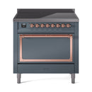 Blue-grey induction range front with copper-trimmed open oven door and control panel