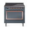 ILVE Nostalgie II Noblesse 36-Inch 3.5 Cu. Ft. Induction Range with 6 Elements and Solid Door in Blue Grey with Copper Trim (UNI366QNMPBGP)