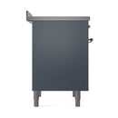 Blue-grey induction range rear-side panel with copper handle hardware
