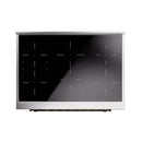 Black glass oven control panel with indicator markings and burner zone lines