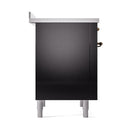 Glossy black range side panel with bronze handle accents and white leveling feet