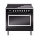 Glossy black induction range with chrome-trim control panel and open oven door