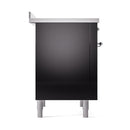 Glossy black solid oven door front with chrome handles and gray leveling legs