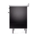 Glossy black solid oven door side view with chrome fasteners and gray leveling legs