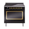 ILVE Nostalgie II Noblesse 36-Inch 3.5 Cu. Ft. Induction Range with 6 Elements and Solid Door in Glossy Black with Brass Trim (UNI366QNMPBKG)