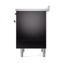 Glossy black range cabinet with two brass handle knobs and silver feet, side view