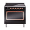 ILVE Nostalgie II Noblesse 36-Inch 3.5 Cu. Ft. Induction Range with 6 Elements and Solid Door in Glossy Black with Copper Trim (UNI366QNMPBKP)