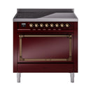 Burgundy induction range with bronze control knobs and open oven door