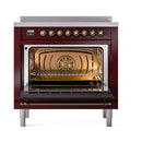 Burgundy induction range with open oven door and visible interior racks