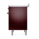 Burgundy solid door induction range side view with bronze handles and white feet