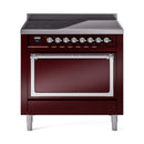 ILVE induction range front with solid oven door, burgundy cabinet and chrome trim