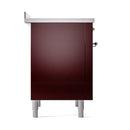 Burgundy induction range side view with chrome knobs and light leveling legs