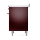 Burgundy induction range side panel with chrome knobs and light legs