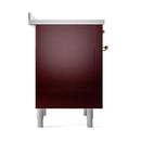 Burgundy induction range side view with solid door and brass hinge hardware