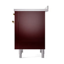 Burgundy range door front panel with brass hinges and light gray base legs