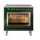 Emerald green induction range with open oven door, interior racks, and fan