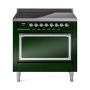 Emerald green induction range with chrome trim; front control panel and solid oven door