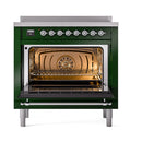 Emerald green range with open oven door, chrome handle, and interior oven racks