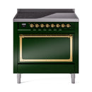 Emerald green induction range with brass oven door frame and black cooktop