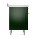 Emerald green oven door cabinet with brass handles and white legs