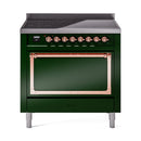 Emerald green induction range with solid door, copper trim, and control knobs