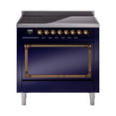Midnight blue induction range with open oven cavity and bronze interior trim