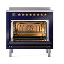 Midnight blue induction range with open oven door and bronze-trim control knobs
