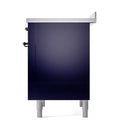 Midnight blue range side panel with bronze hinge hardware and white leveling legs