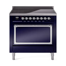 36-inch induction range with solid door, midnight blue front and chrome trim