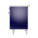 Midnight blue induction range cabinet side panel with brass hinges and white legs