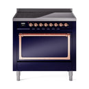 Midnight blue induction range with closed oven door and copper handle accents