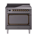 Matte graphite induction range with bronze-trim oven door window and front controls